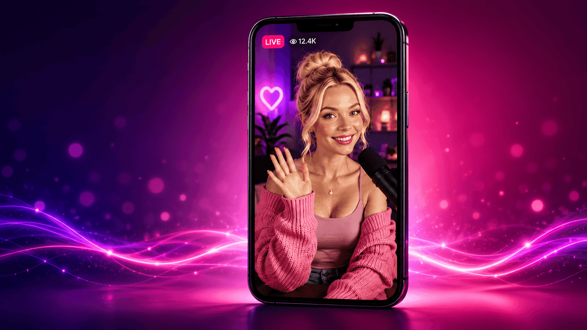 Smartphone showing a live video chat with a blond woman