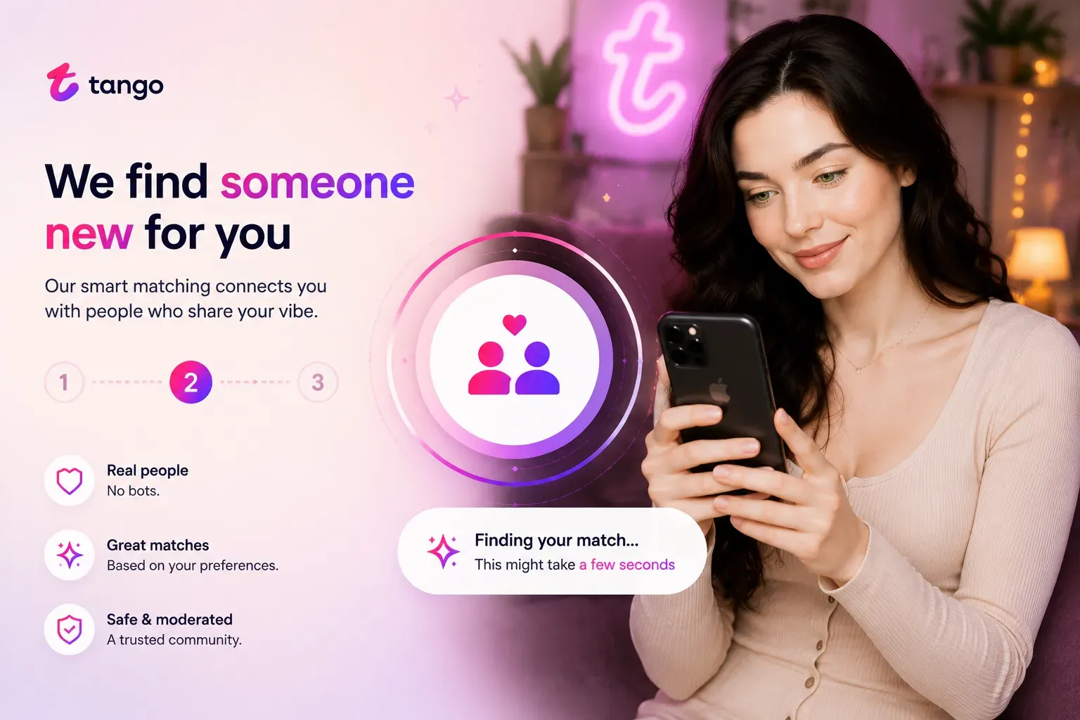 Tango's matching screen connecting a user with someone new based on shared interests