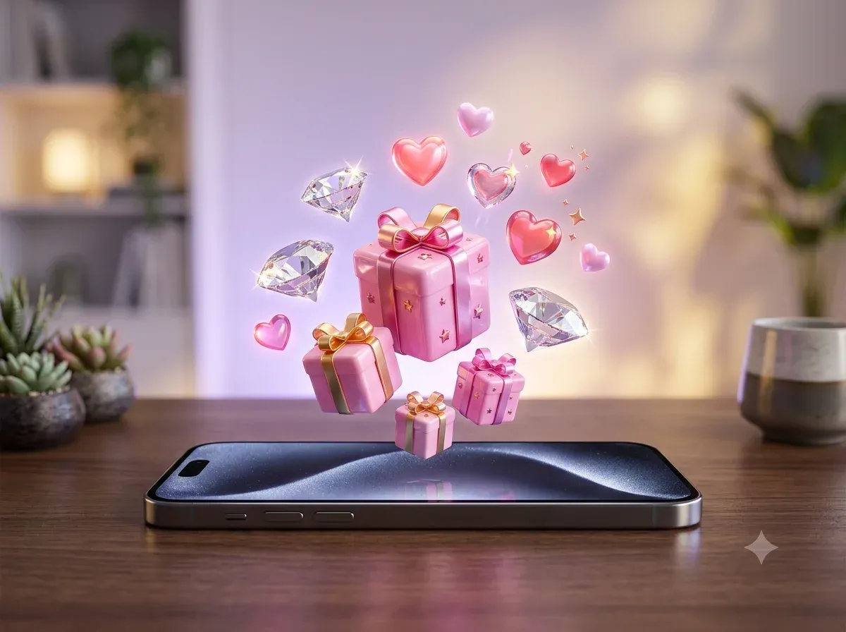 Pink gifts, hearts and diamonds floating above a phone