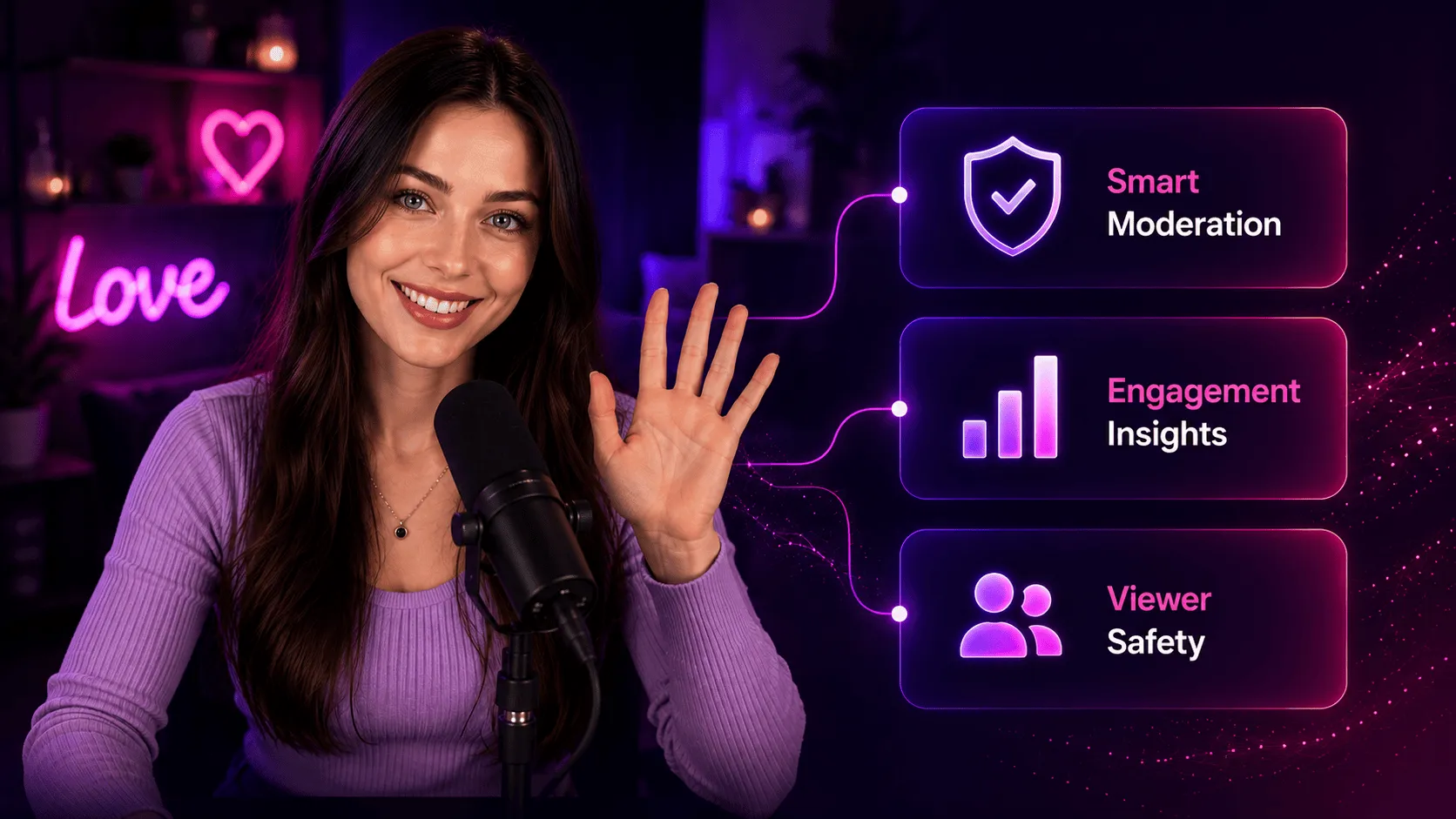 Content creator live streaming with AI-powered smart moderation, engagement insights, and viewer safety features highlighted