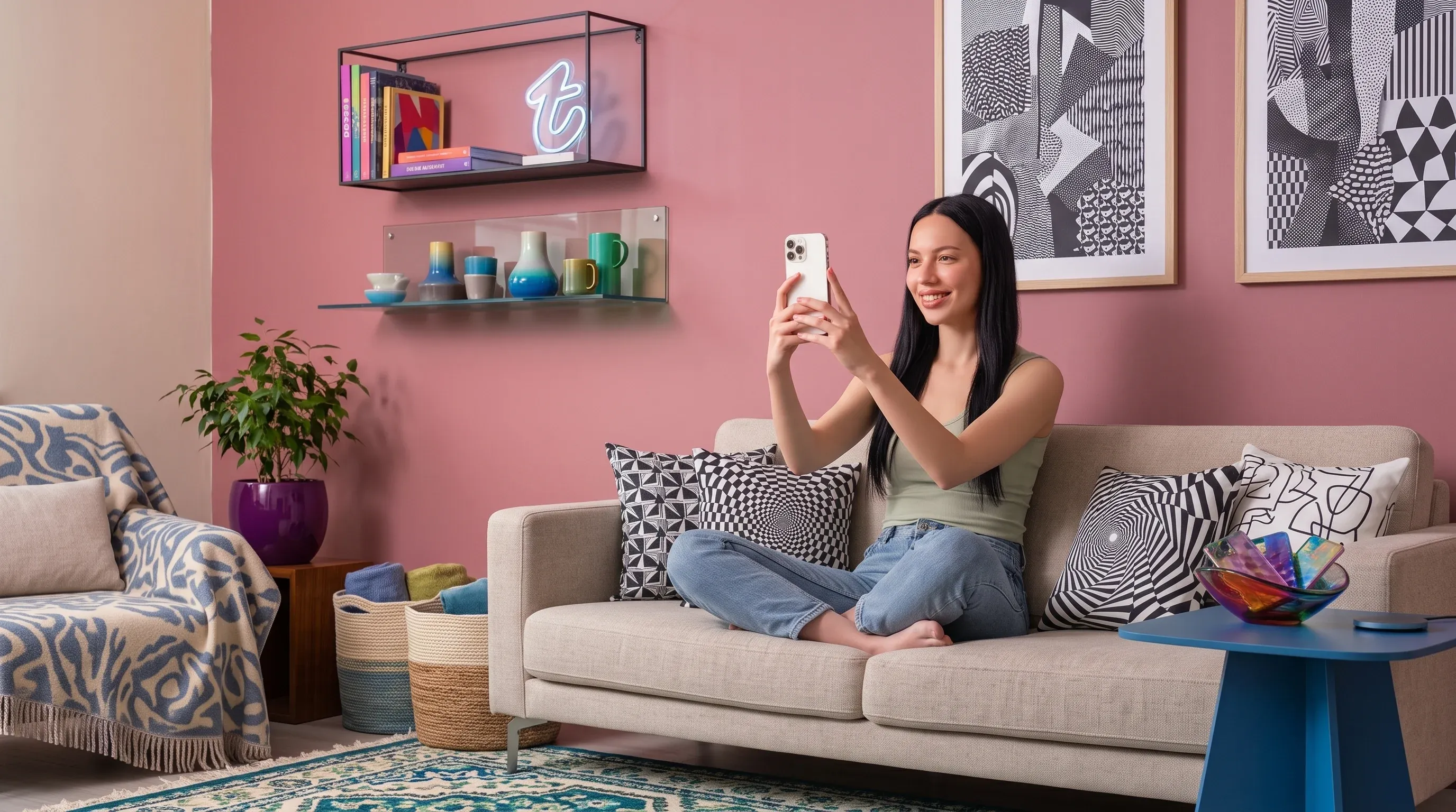 Woman on sofa during a video chat and live streaming