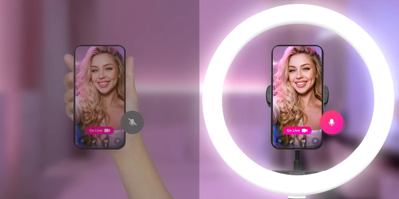 Side by side showing a creator going live on Tango with and without a ring light setup