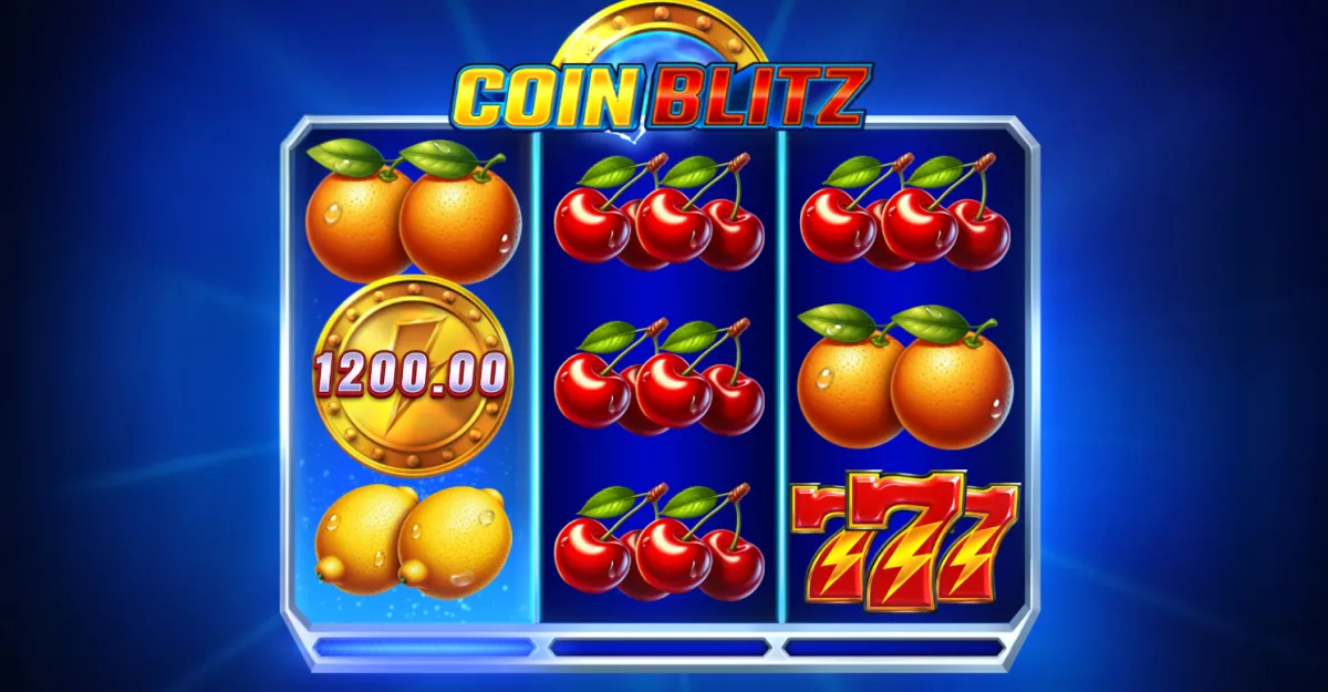 Coin Blitz slot game on Tango showing fruit symbols and 777 reels