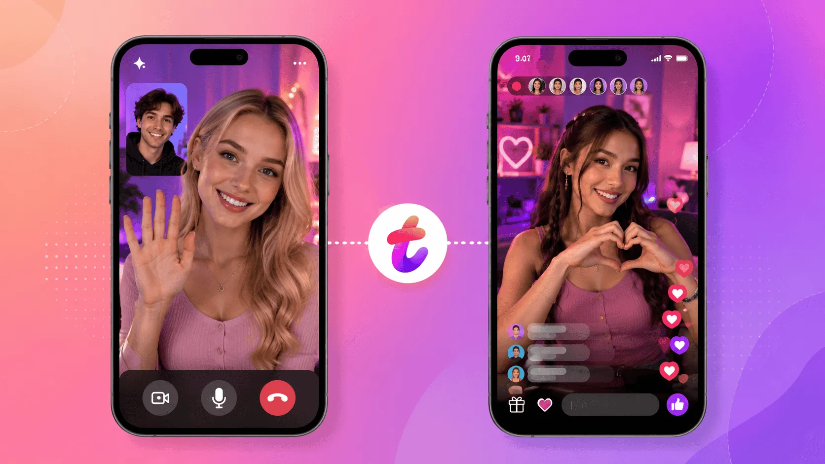 Tango app showing both random video chat and live streaming
