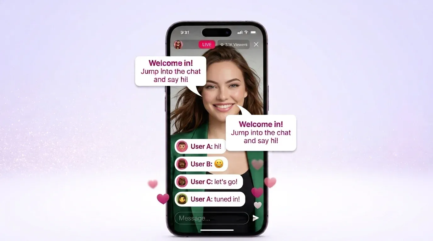Smartphone displaying a live stream chat welcome message