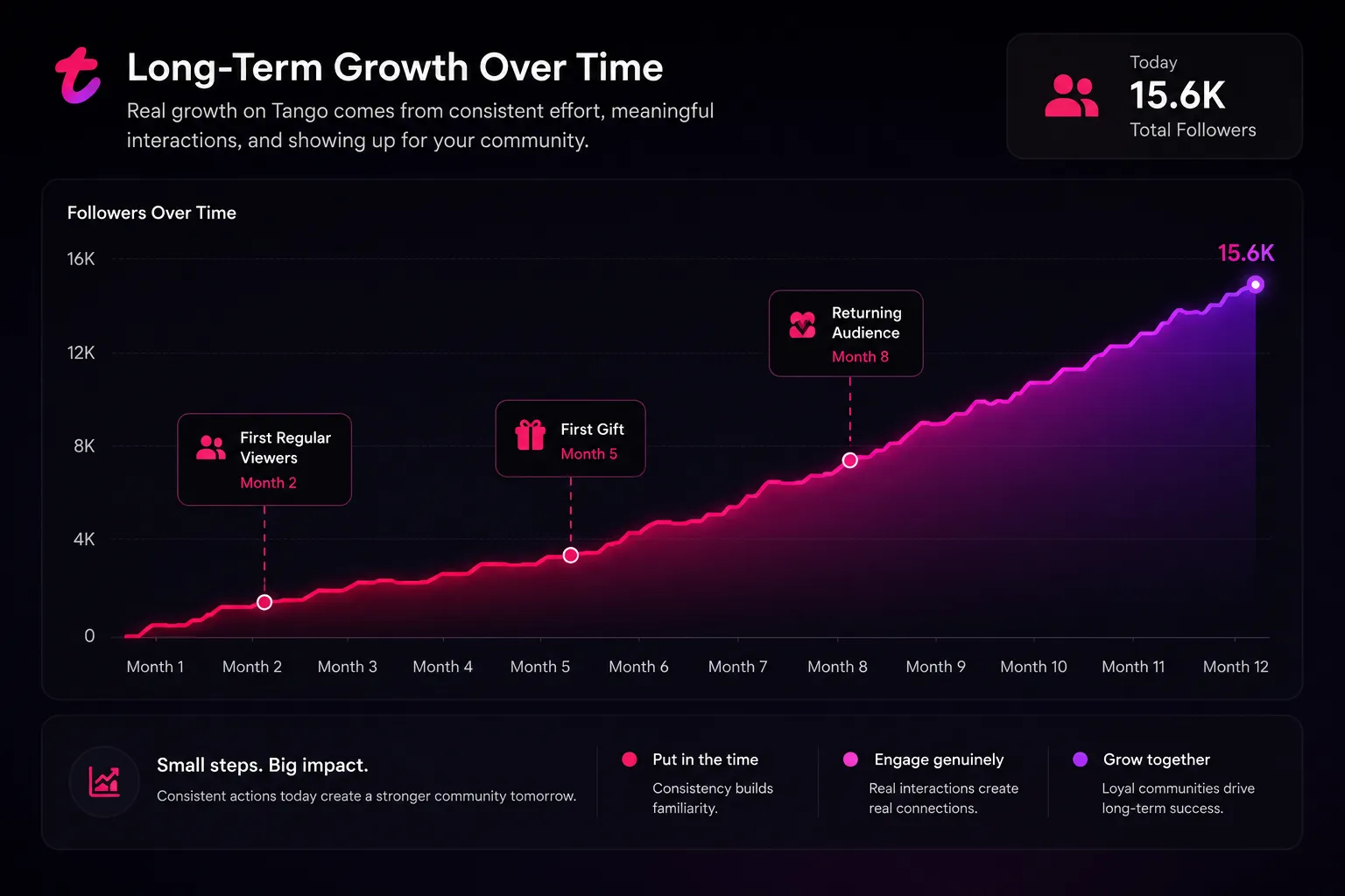 Chart showing a Tango creator's follower growth over 12 months from zero to 15.6K