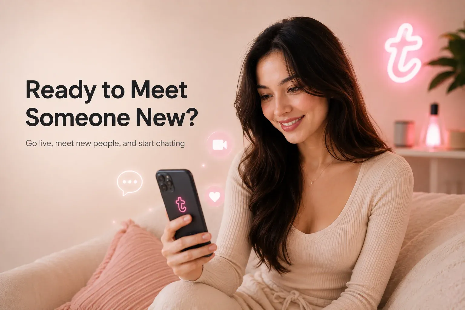Woman smiling while using the Tango app to meet new people