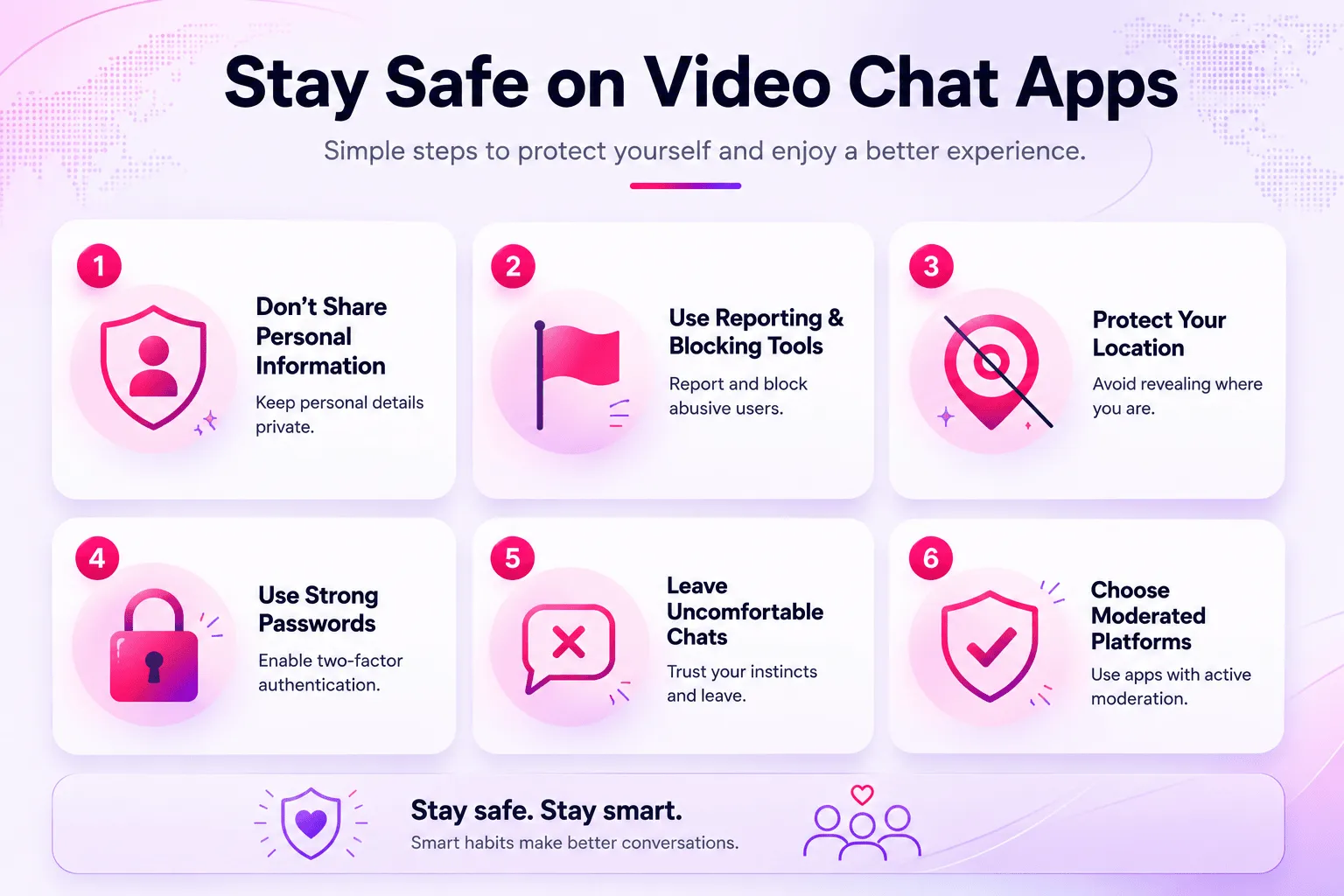 Infographic showing six safety tips for using video chat apps, including protecting personal information, reporting users, and choosing moderated platforms.