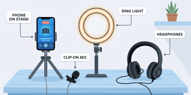 Basic live streaming equipment setup showing phone on stand, clip-on mic, ring light and headphones