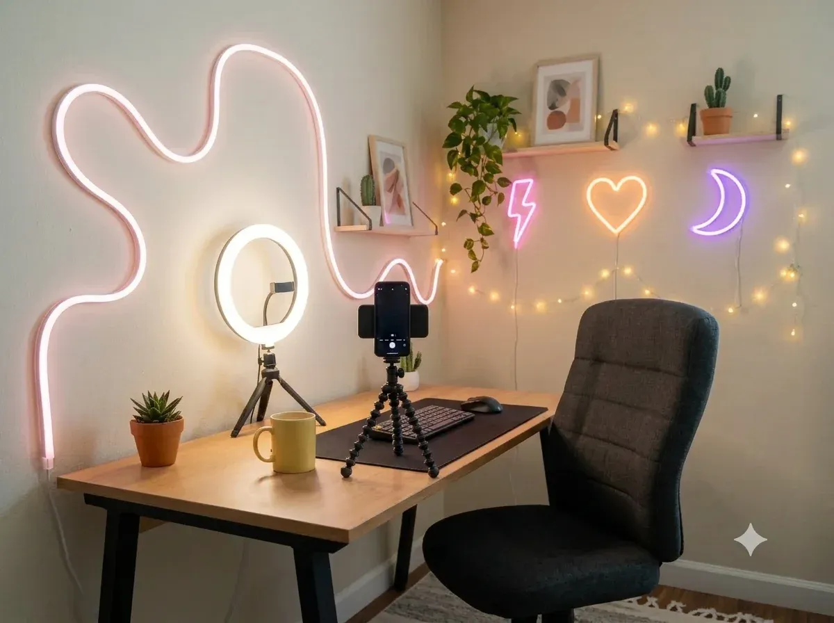Small home streaming corner with a ring light and phone on a tripod