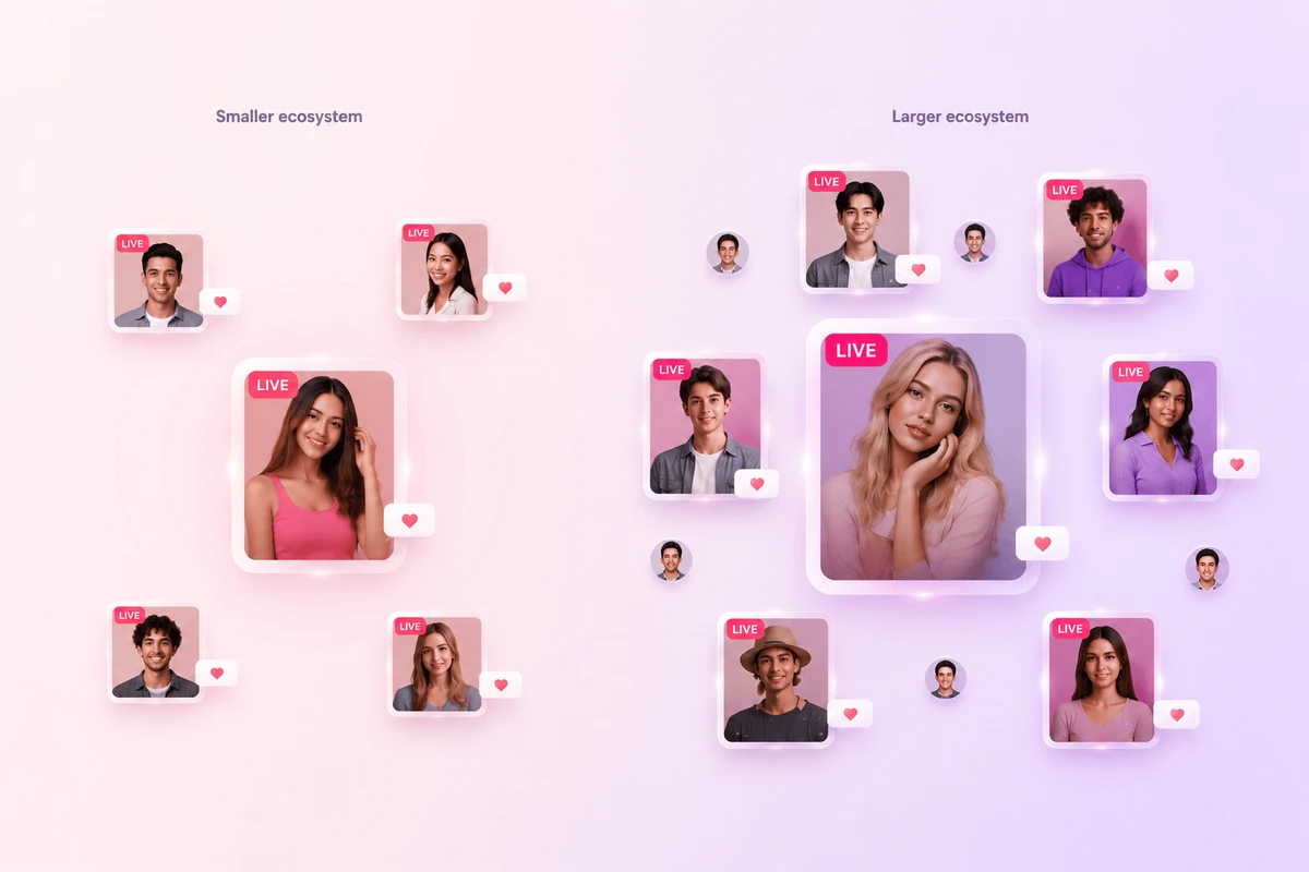 Smaller vs. larger live streaming ecosystem creator visibility comparison.