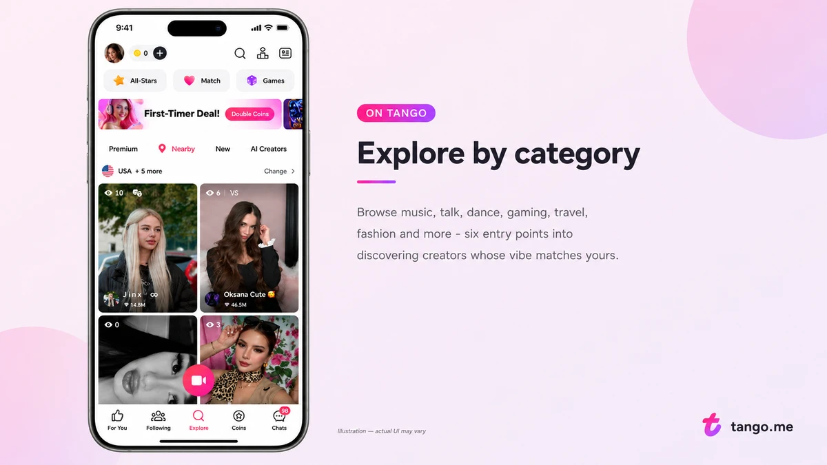 Tango app showing the Explore by Category screen