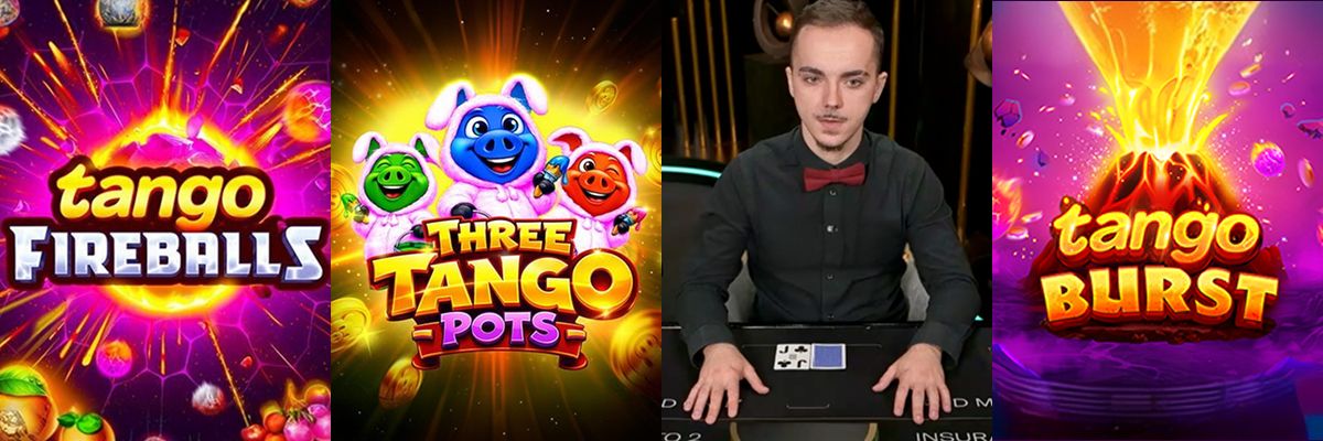 Tango social games: Tango Fireballs, Three Tango Pots, live dealer blackjack, and Tango Burs.