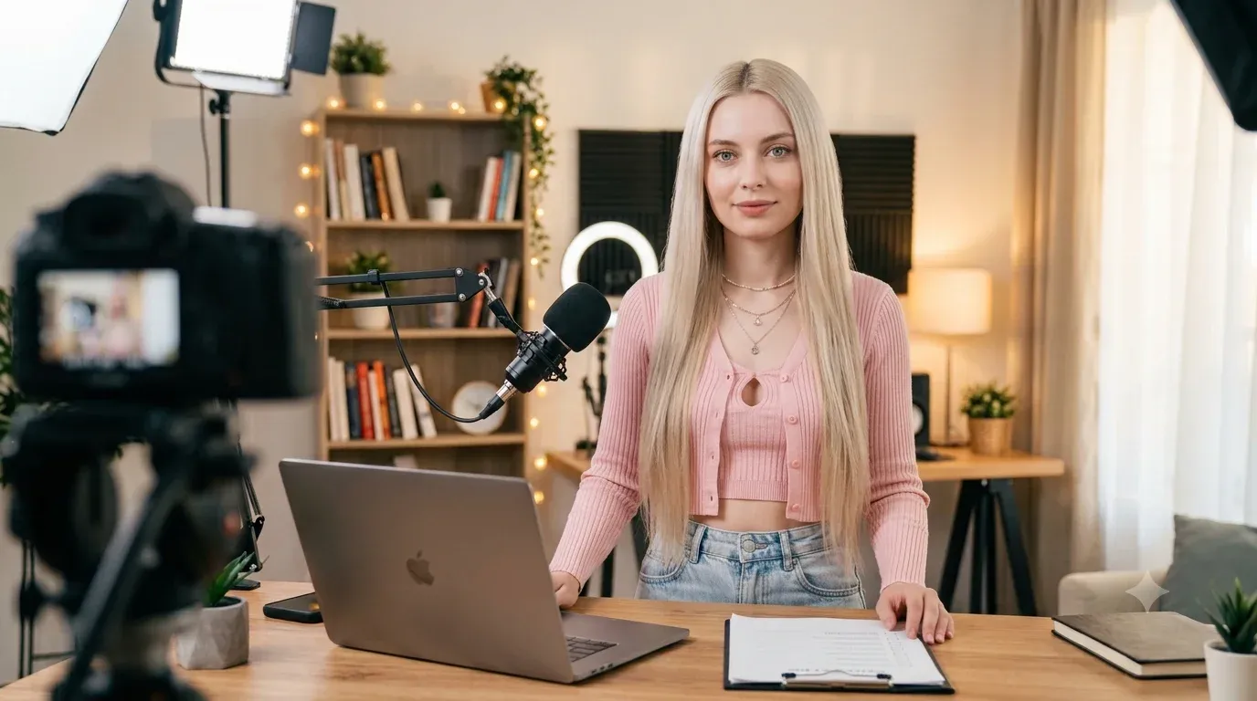 Woman preparing for a live stream in a home studio with a camera and microphone