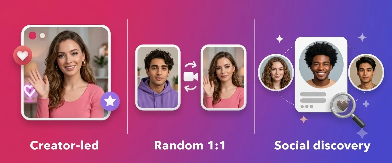 Graphic illustrating three video chat categories: creator-led, random 1:1, and discovery