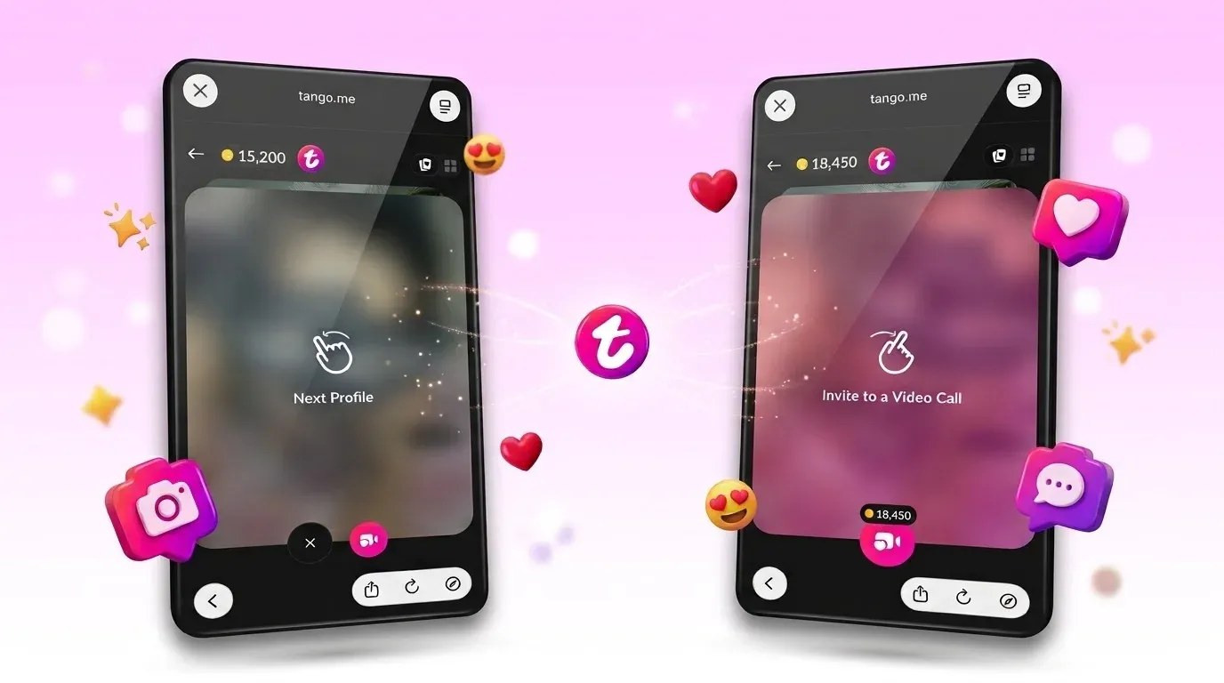Two phone screens showing Next Profile and Invite to a Video Call options